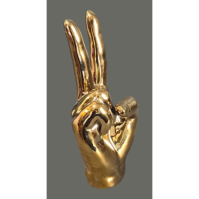 Mid-Century Modern Vintage Metallic Gold Coated Brass Peace Victory Hand Gesture For Sale - Image 3 of 7