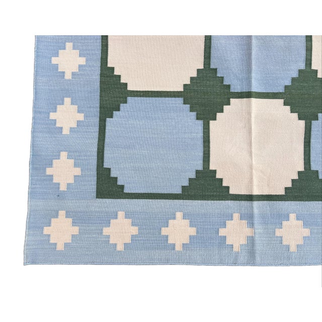 Not Yet Made - Made To Order Handmade Cotton Rug Vegetable Dyed Sky Blue and Green Tile Pattern Gingham Dhurrie - 8'x10' For Sale - Image 10 of 11
