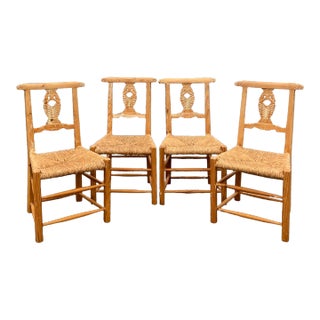 Rustic Pine Farmhouse Swan Carved Dining Chairs - Set of 4 For Sale