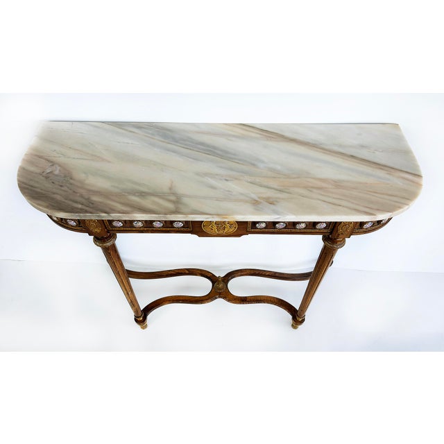 1970s Louis XVI Marble Top Console Table, Gilt Bronze, Porcelain Hand-Painted Plaques For Sale - Image 4 of 14