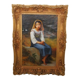 Meditation After William Adolphe Bouguereau Oil on Canvas Seated Young Girl 48" For Sale