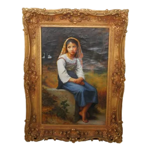 Meditation After William Adolphe Bouguereau Oil on Canvas Seated Young Girl 48"