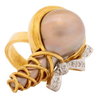 Modernist 14k Two-Tone Gold Diamond Baroque Pearl Ring For Sale