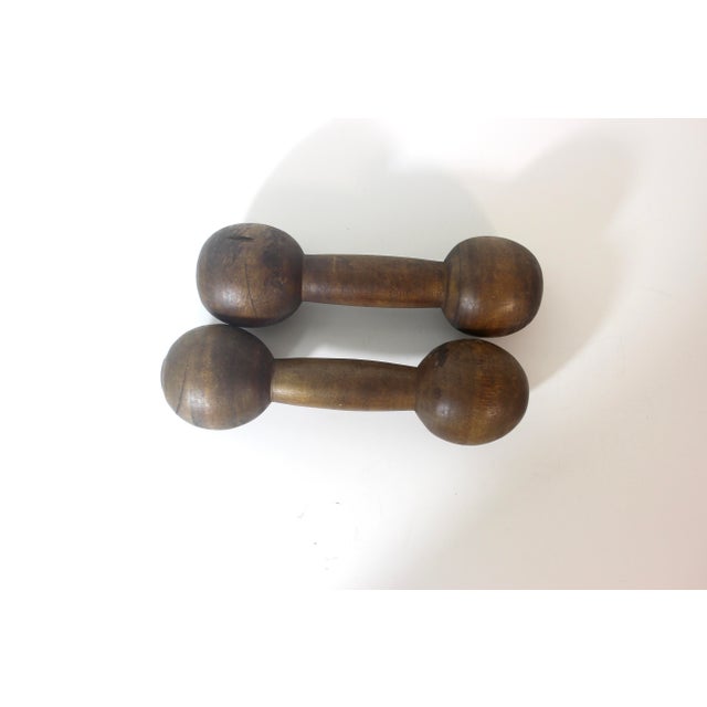 1940s Vintage Wood Hand Weights or Dumbbells Set of Two Sports Equipment Memorabilia Dumb Bells For Sale - Image 5 of 12