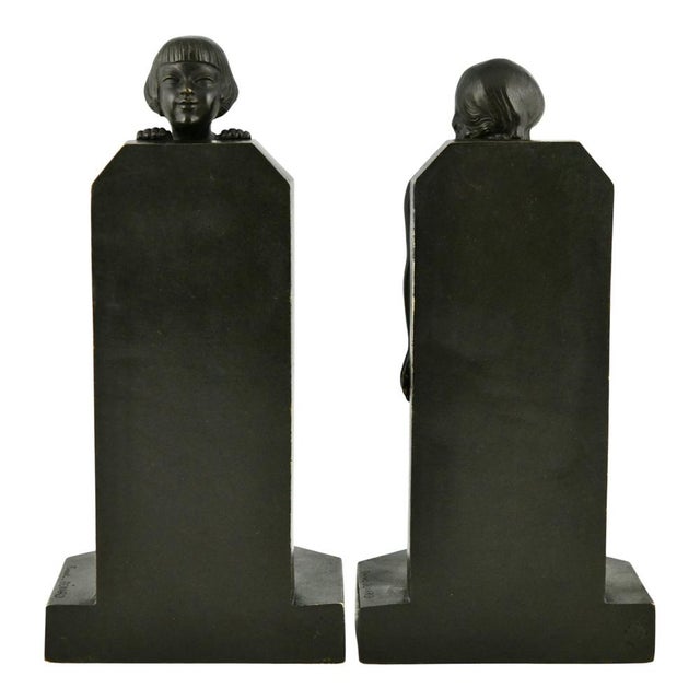 1930s Art Deco Bronze Bookends with Children by Raoul Benard, 1930, Set of 2 For Sale - Image 5 of 12