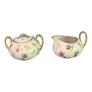 Vintage Holley Rose Hand Painted Floral Gilded 22k Gold Sugar & Creamer Set