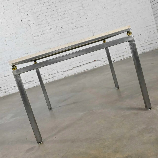 Modern Modern Custom Tube Steel End Table With Travertine Top & Brass Plate Sphere Details by Jensen Design Inc For Sale - Image 3 of 13