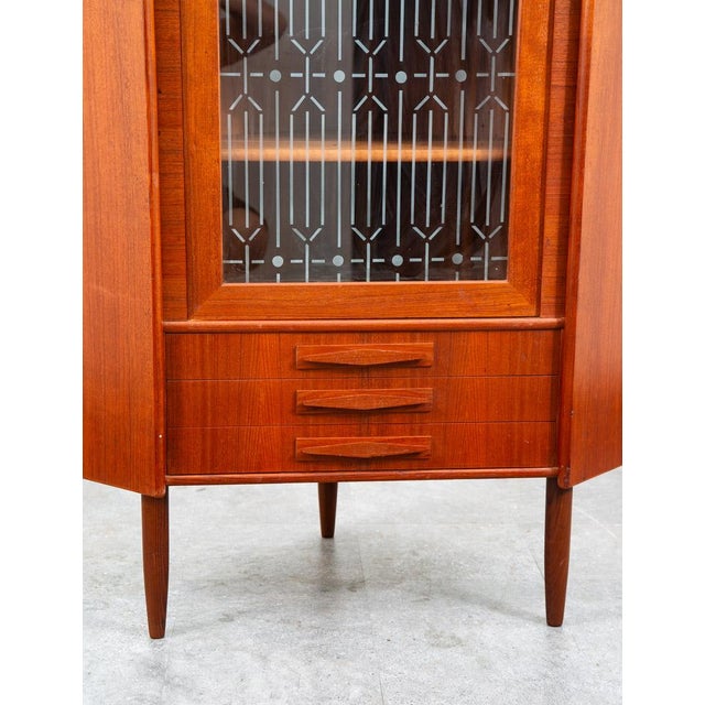 Mid Century Danish Modern Corner Cabinet Teak Wood Bar Denmark Drawers Glass MCM For Sale - Image 11 of 11