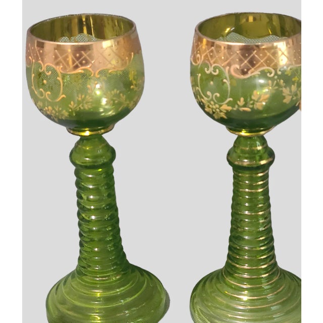 Early 20th Century Antique Venetian Glass Bohemian Attributed to Moser Chalices Green Gilded Roemer Stems- Set of 4 For Sale - Image 5 of 11