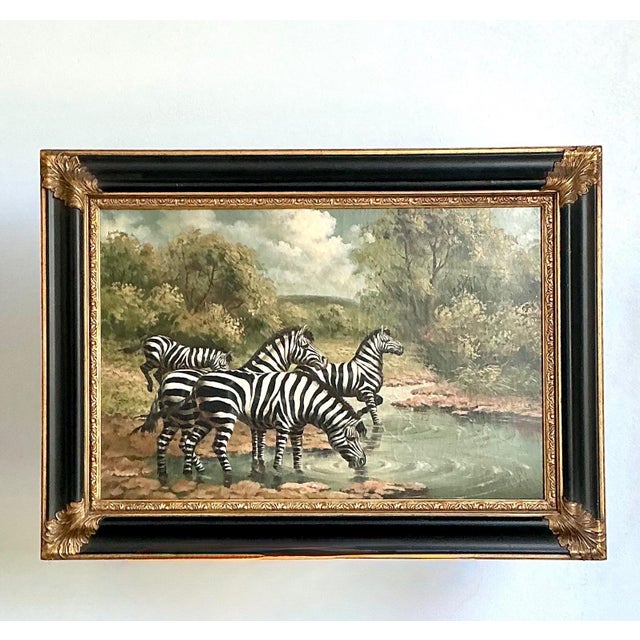 Vintage Zebra Landscape Oil Painting For Sale - Image 11 of 18