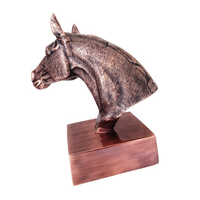 Antique Copper Finish Metal Hand Carved Horse Head Bust Sculptures For Sale - Image 4 of 6