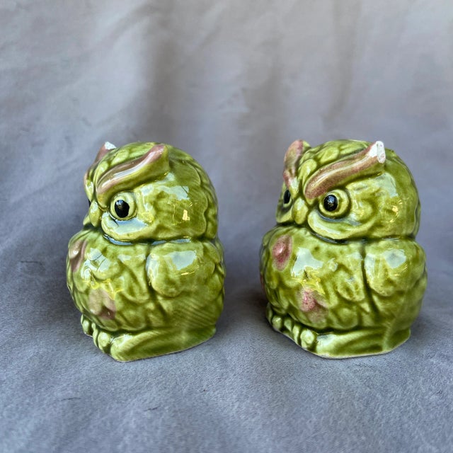 A pair of sweet shakers for salt and pepper. Beautiful colors and glaze.