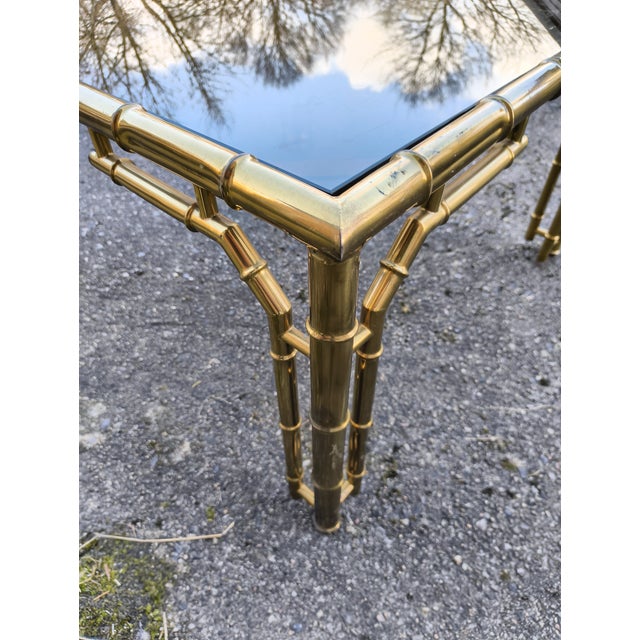 Mid-Century Modern Square Brass Coffee Table with Bamboo Look and Smoked Glass Top, 1970s For Sale - Image 3 of 9