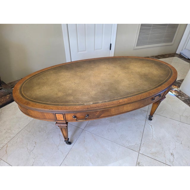 American Mid-Century Weiman Heirloom Quality Leather Top Oval Coffee Table - Model 12-53146 For Sale - Image 3 of 10