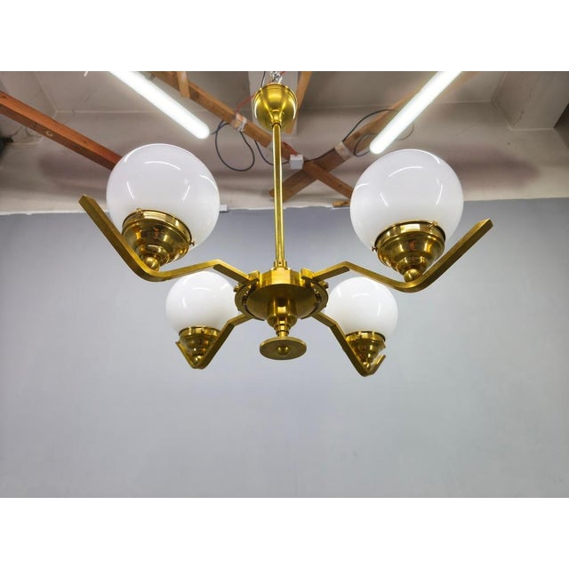 Metal Adjustable Art Deco Brass Chandelier with Milk Glass, 1930s For Sale - Image 7 of 16