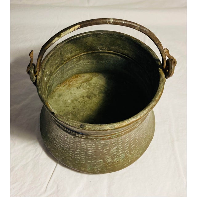 Turkish Antique Middle Eastern Copper With Tin Overlay Bucket Elaborate Etched Pattern Solid Iron Loop Handle Ending With Serpent Heads For Sale - Image 3 of 12