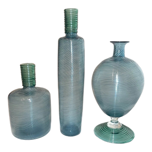 3 Vintage Hand Blown Swirled Green Blue Paran Studio Glass Vases Richard Jones