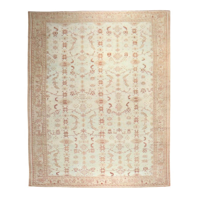 Zabihi Collection Oversize Antique Turkish Oushak Light Blue Decorative Rug For Sale