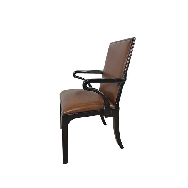 Vintage Baker Furniture Brown Leather & Ebonized Wood Armchair For Sale - Image 9 of 17