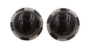 Vintage 1980s Signed Kenneth Lane Faux-Onyx Rhinestone Cabochon Clip Earrings - 2 Pieces