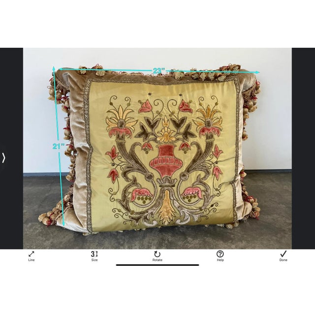 Metal Embroidery Silk & Velvet Crest Pillows with Tassel Trim - a Pair For Sale - Image 7 of 8