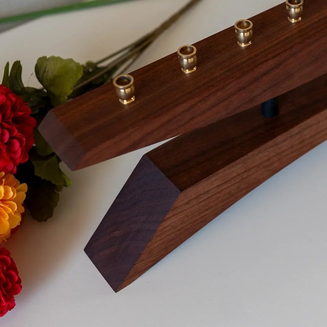 2020s Mid-Century Modern Walnut & Brass Menorah – “East of the Sun” For Sale - Image 5 of 6