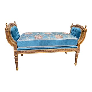 French Louis XVI Style Bench of Beech Vintage Gold Finish and Upholstered in Blue Damask For Sale