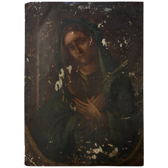 19th Century Mexican Folk Art of Retablo on Metal of Sorrowful Mother Mary For Sale