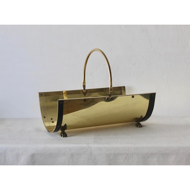 English Style Vintage Mid Century Modernist Brass Gold Black Finish Metal Firewood Log Holder, handle folds down, in good...