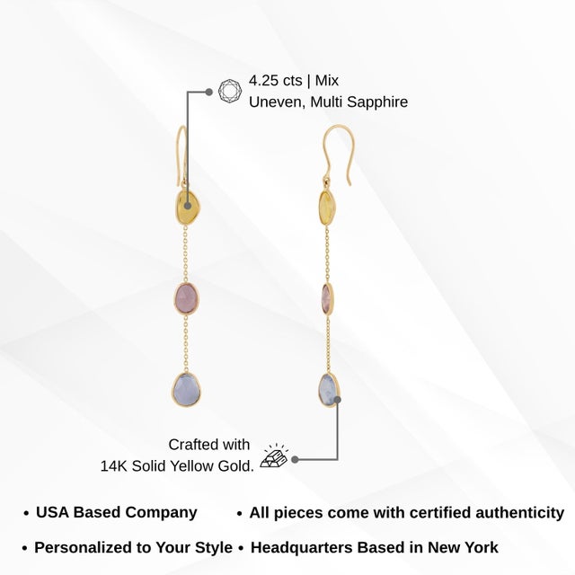 4.25ct Uneven Cut Multi Sapphire 14k Gold Dangle Earrings for Her- 2 Pieces For Sale - Image 12 of 16