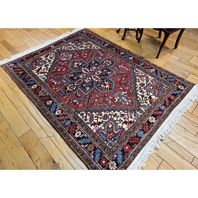Vintage Heriz Rug, Hand-Knotted Wool, Geometric Medallion Pattern, Red & Navy, 5x7 For Sale - Image 4 of 15