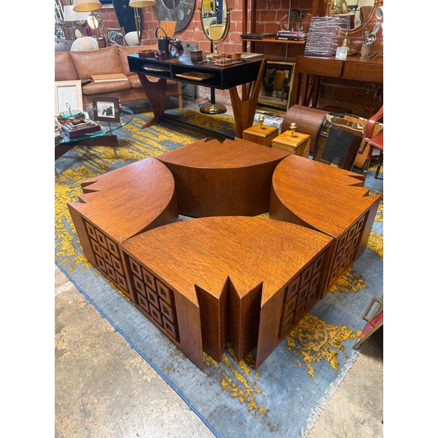Wood Rare Modular "Quadrifoglio" Coffee Table in Carved Oak by Giuseppe Rivadossi, 1970s For Sale - Image 7 of 10