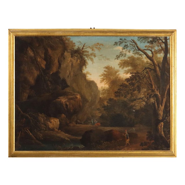 Landscape with Figures, Oil on Canvas, Framed For Sale