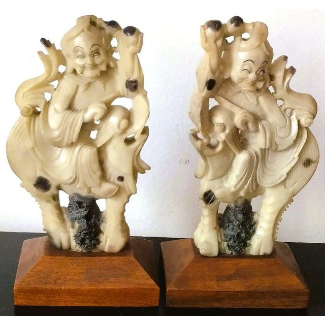 Pair of 19th Century Carved Stone Qilin Rider Sculptures on Wooden Bases. For Sale - Image 6 of 7