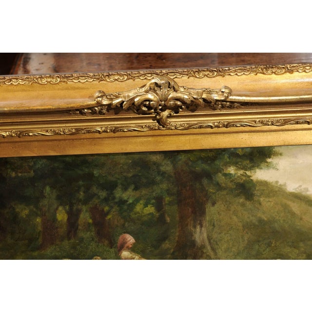 Large Antique Oil Painting of Sheep and Shepherdess in Antique Giltwood Frame For Sale - Image 9 of 10