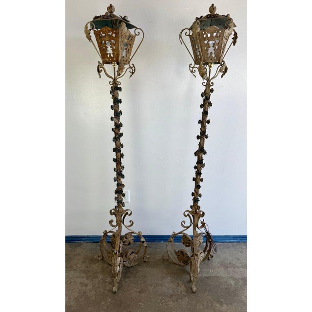 Rococo 1900s Distressed French Wrought Iron Lanterns, Rococo Style For Sale - Image 3 of 15