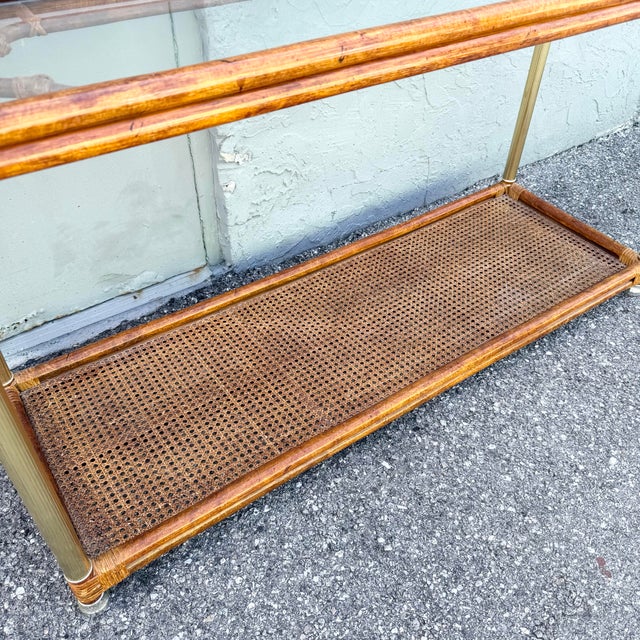 Mid 20th Century Palm Beach Chic Rattan Cane and Gold Console Table For Sale - Image 5 of 9