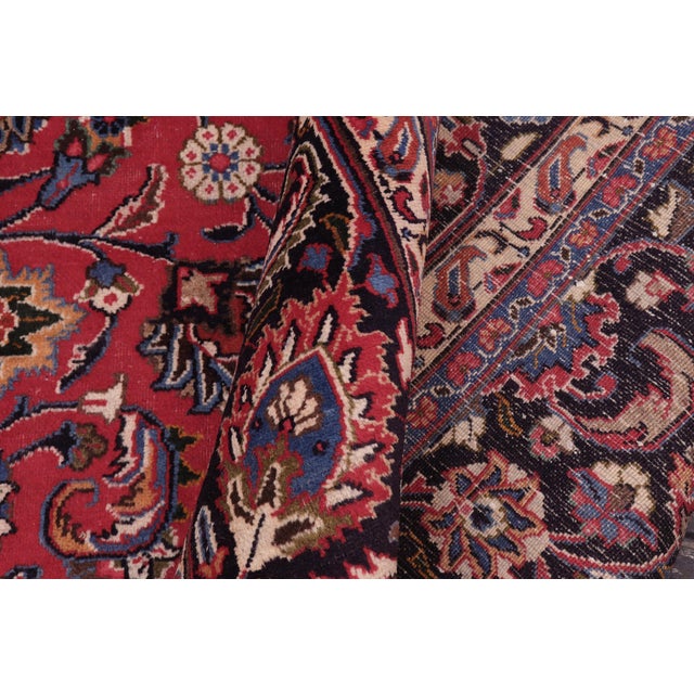 Textile Boho Chic Vintage Retro Kashan Red/Blue Wool Rug - 9'7'' X 12'9'' For Sale - Image 7 of 10