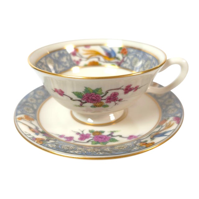 Ivory Vintage Lenox Ming P-16 Bird and Floral Footed Teacups and Saucers Set of 2 - 4 pcs For Sale - Image 8 of 16
