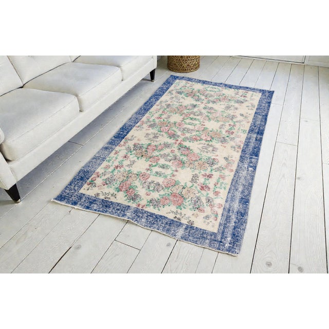 Hand Knotted Beige and Blue Wool Runner Rug, in Flawless conditions. Designed 1960 to 1969