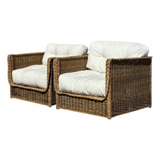 Set of Italian Wicker & Rattan Lounge Armchairs, 1970 For Sale