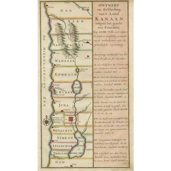 Hand-Colored Dutch Map of Ancient Israel Divided by the Twelve Tribes – After Ezekiel, c.1730 This beautifully hand-...