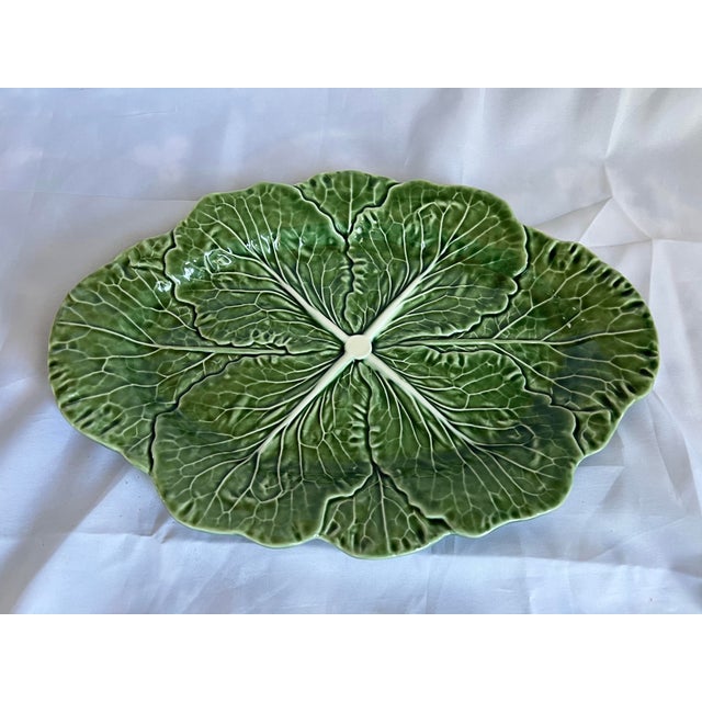 Rustic European Vintage Bordallo Pinheiro Oval Green Cabbage Serving Platter For Sale - Image 3 of 7
