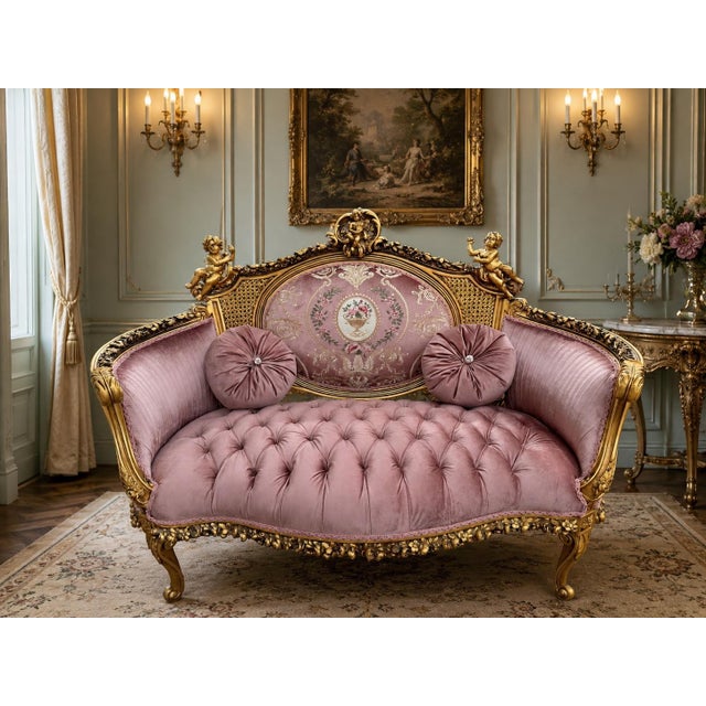 This elegant circa 1940 French Louis XVI Corbeille settee combines a richly carved solid beechwood frame with romantic...