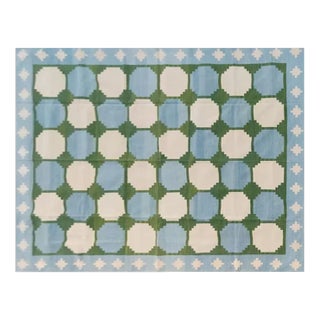 CUSTOM TRADE for AG - Handmade Cotton Flat Weave Reversible Box Pattern Sky Blue and Forest Green Area Rug - 10'5"x12'6" For Sale
