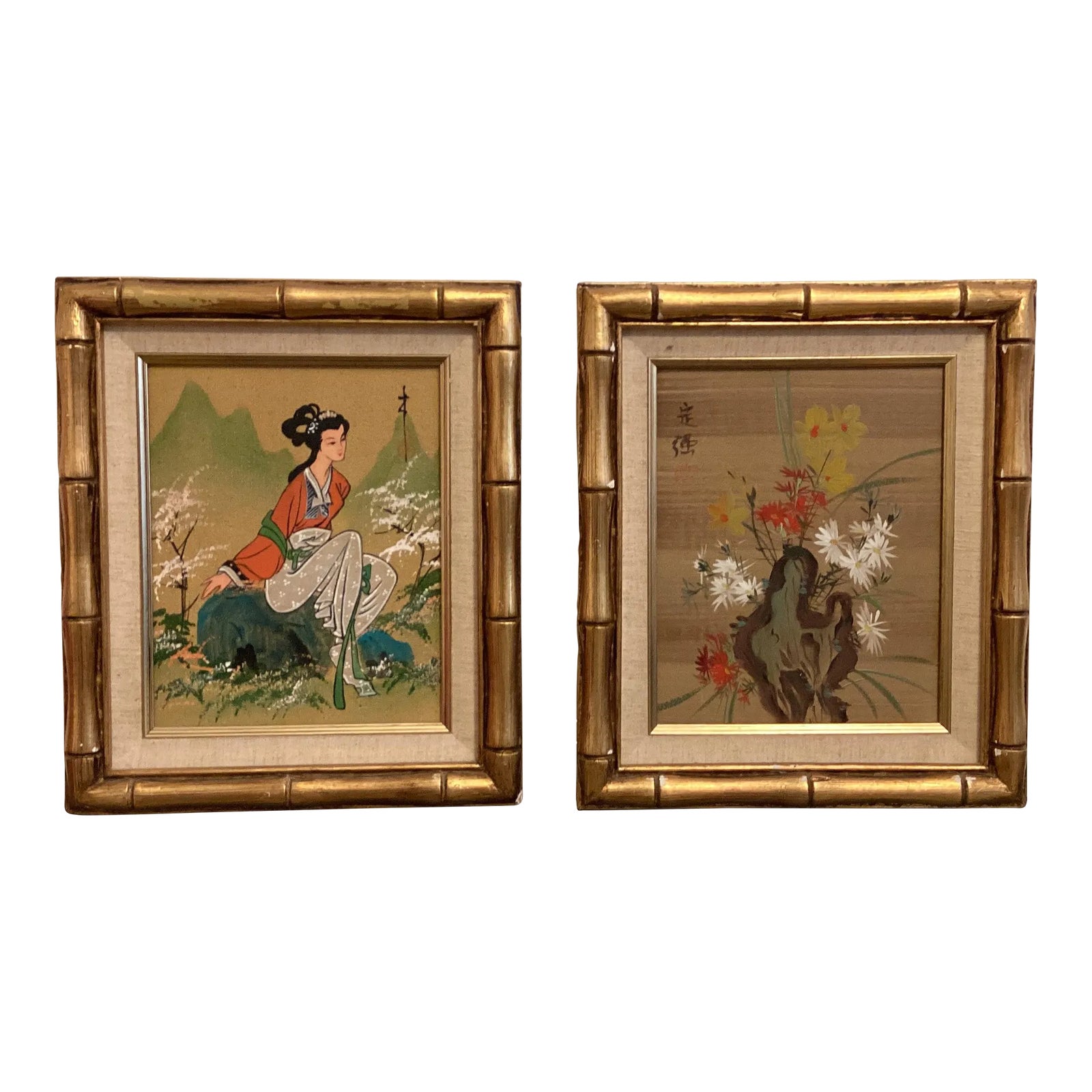 Mid 20th Century Pair of — Vintage Robed Lady Painting in Faux Bamboo ...