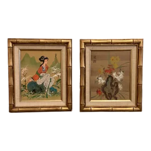 Mid 20th Century Pair of — Vintage Robed Lady Painting in Faux Bamboo Frame