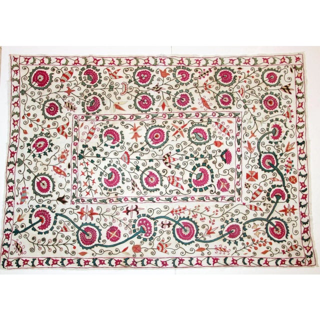 Fabulous antique 19th C. Suzani from Bukhara Uzbekistan embroidered with swaying floral branches and flowers. Museum...