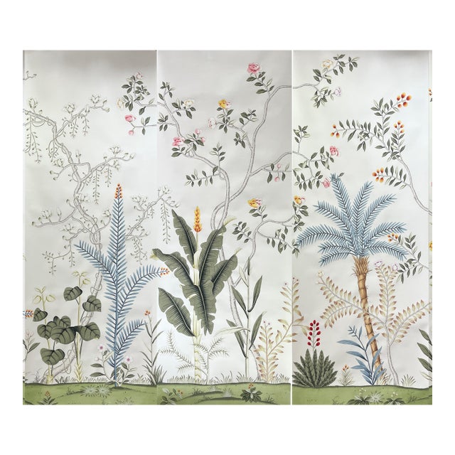 Chinoiserie Tropical Hand-Painted Wallpaper Panels, Soft Off-White Background With Floral & Palm Mural, Set of 3 For Sale