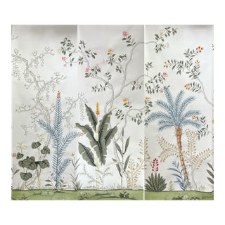Hand-Painted Chinoiserie Garden Mural Panels | Floral & Palm Luxury Wallcovering Set of 3 For Sale